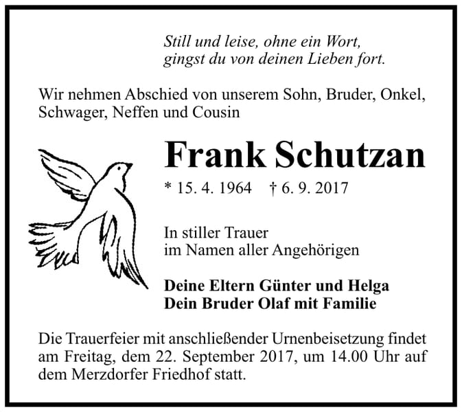 Traueranzeige Frank Schutzan
