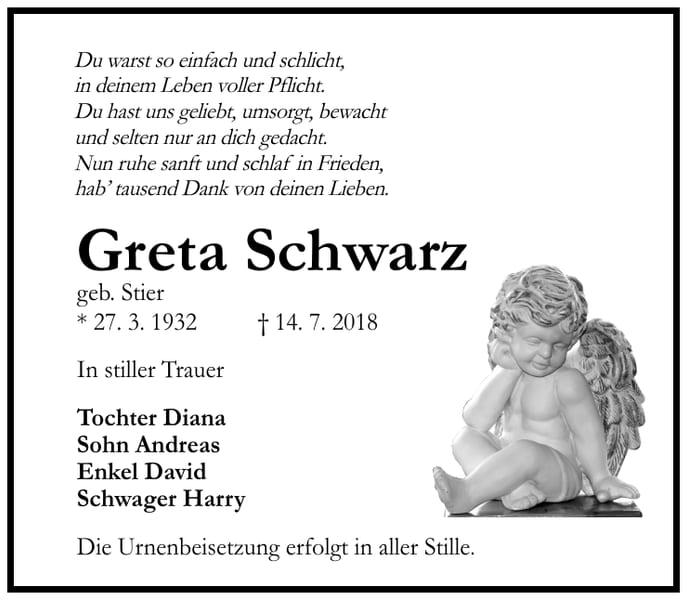 Traueranzeige Greta Schwarz, geb. Stier