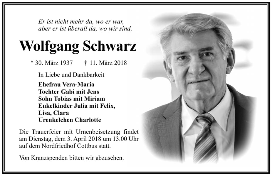 Traueranzeige Wolfgang Schwarz