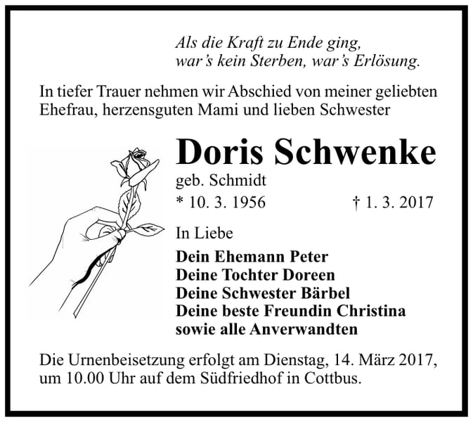 Traueranzeige Doris Schwenke, geb. Schmidt