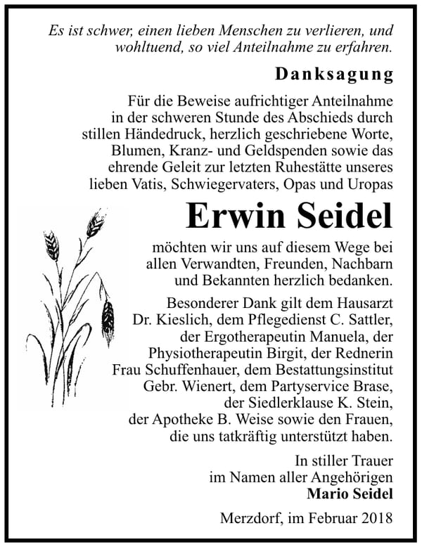 Danksagung Erwin Seidel