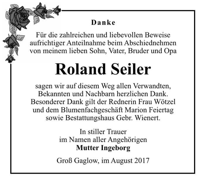 Danksagung Roland Seiler