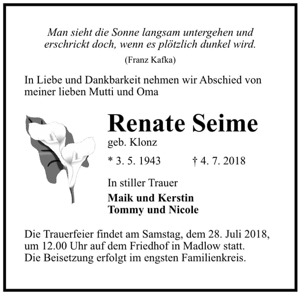 Traueranzeige Renate Seime, geb. Klonz
