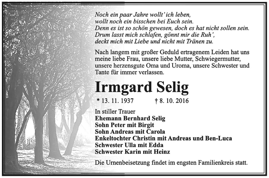 Traueranzeige Irmgard Selig