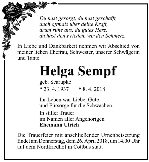 Traueranzeige Helga Sempf, geb. Scarupke