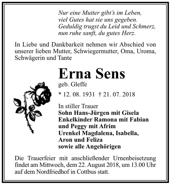 Traueranzeige Erna Sens, geb. Gleffe