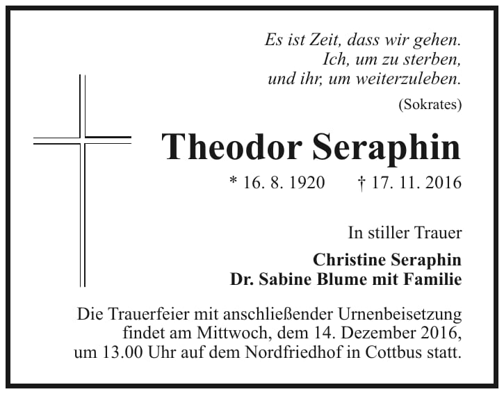 Traueranzeige Theodor Seraphin
