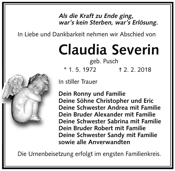 Traueranzeige Claudia Severin, geb. Pusch