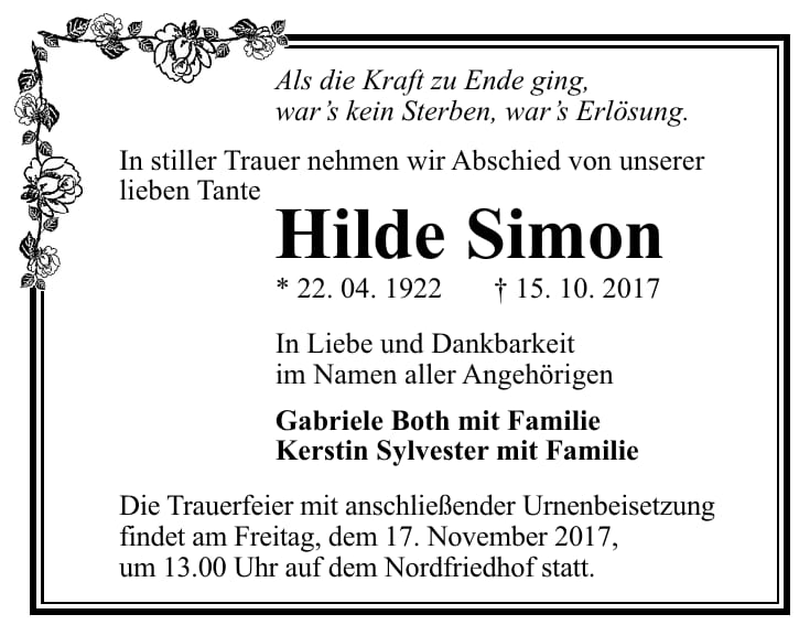 Traueranzeige Hilde Simon
