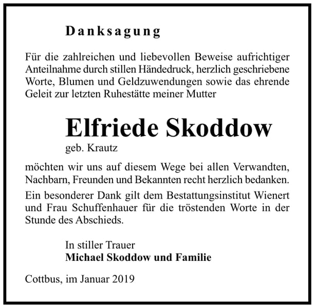 Traueranzeige Elfriede Skoddow, geb. Krautz