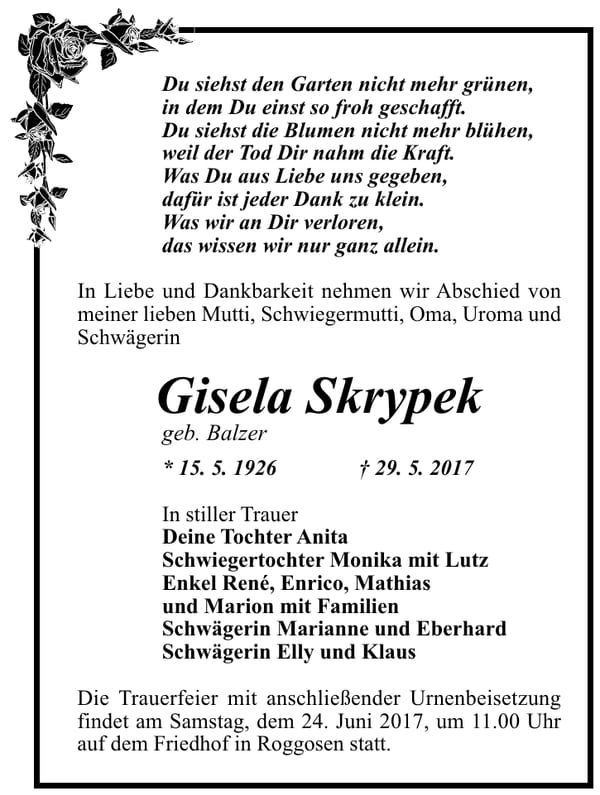 Traueranzeige Gisela Skrypek, geb. Balzer