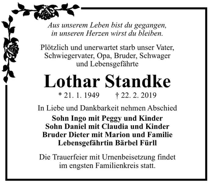 Traueranzeige Lothar Standke