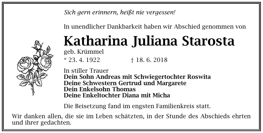Danksagung Katharina Juliana Starosta, geb. Krümmel