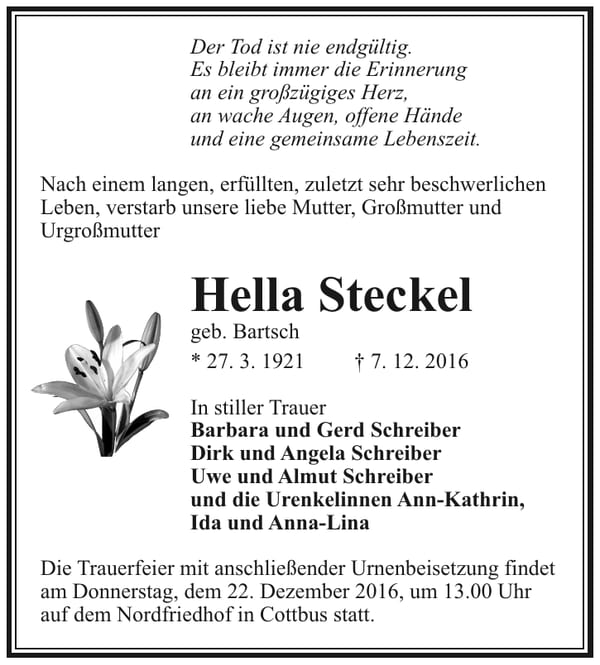 Traueranzeige Hella Steckel, geb. Bartsch