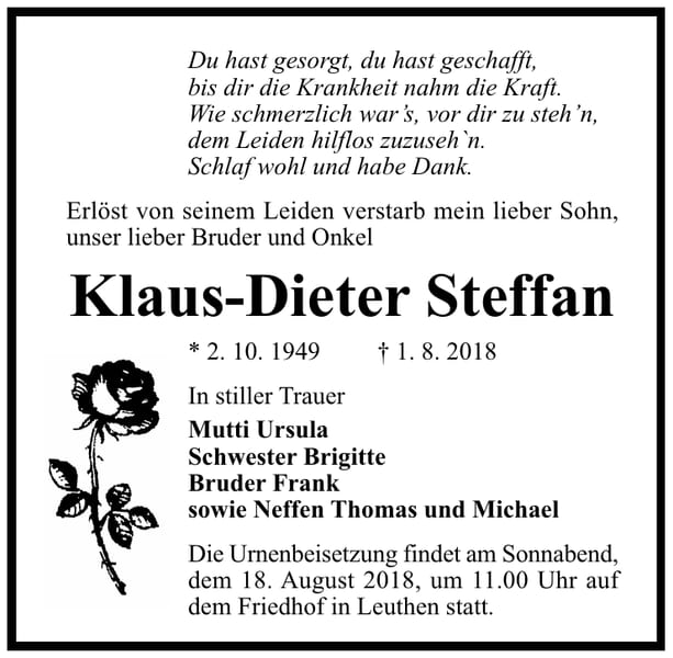 Traueranzeige Klaus-Dieter Steffan