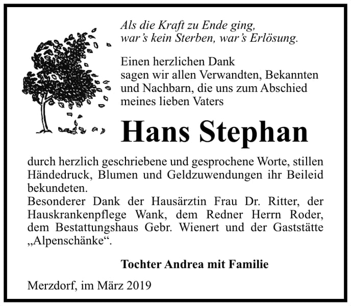 Traueranzeige Hans Stephan