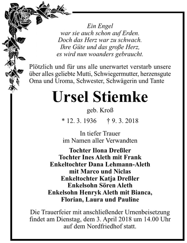 Traueranzeige Ursel Stiemke, geb. Kroß