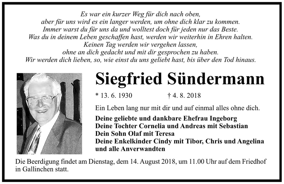 Traueranzeige Siegfried Sündermann