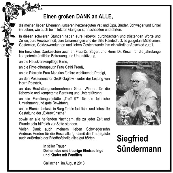 Danksagung Siegfried Sündermann