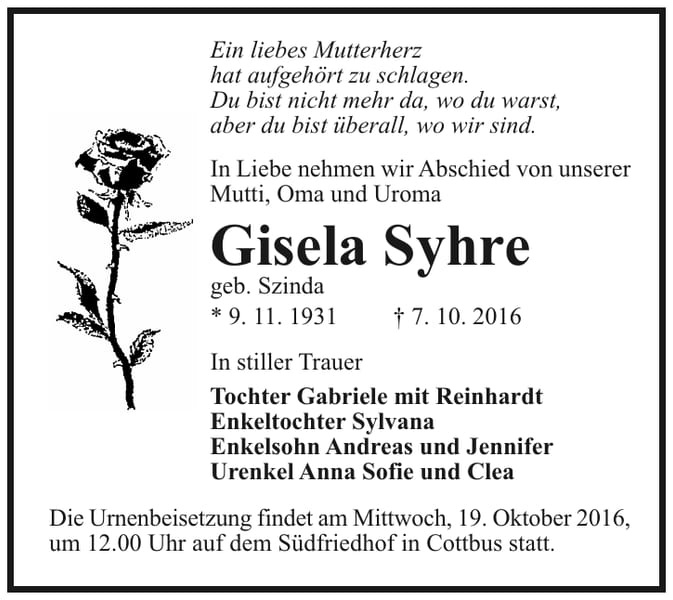 Traueranzeige Gisela Syhre, geb. Szinda