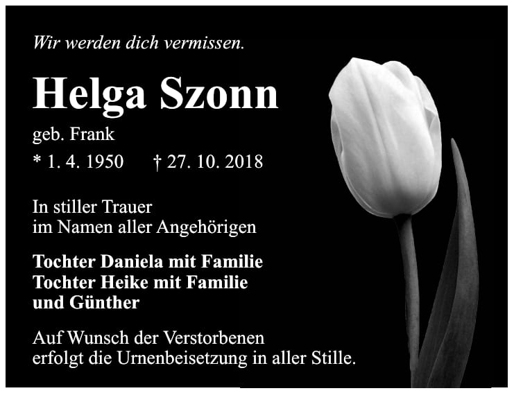 Traueranzeige Helga Szonn, geb. Frank