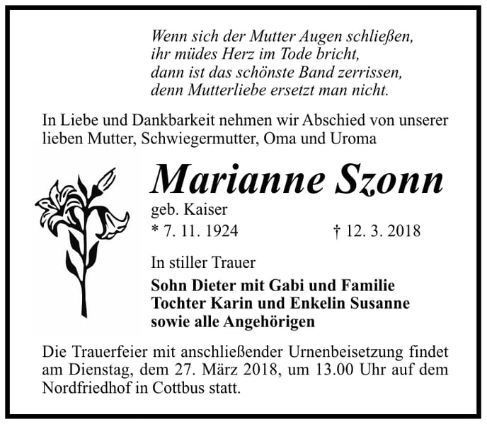 Traueranzeige Marianne Szonn, geb. Kaiser