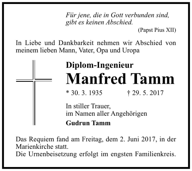 Traueranzeige Manfred Tamm