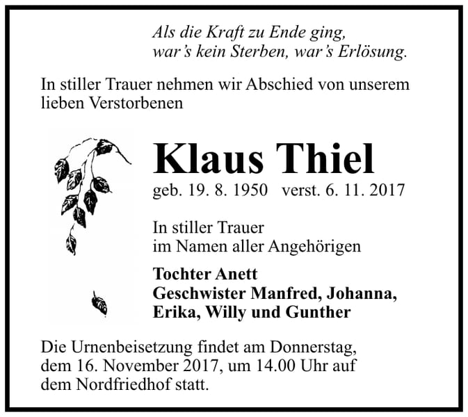 Traueranzeige Klaus Thiel