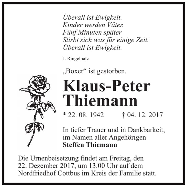 Traueranzeige Klaus-Peter Thiemann