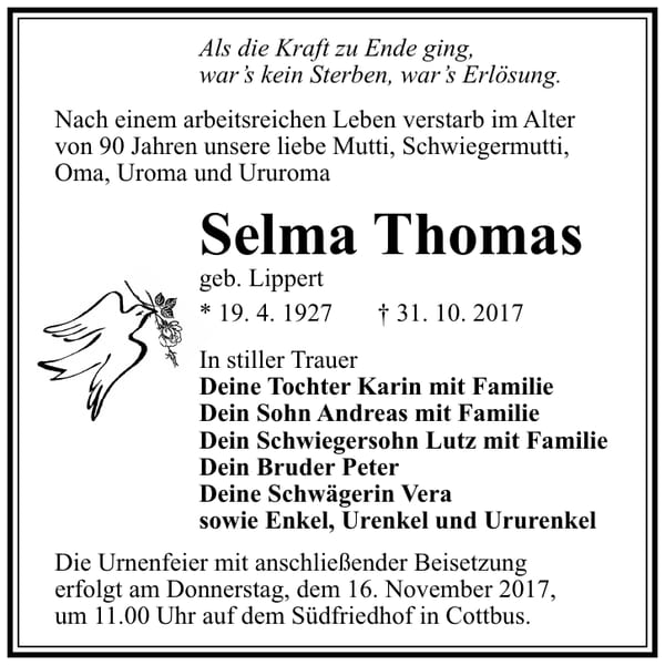 Traueranzeige Selma Thomas, geb. Lippert