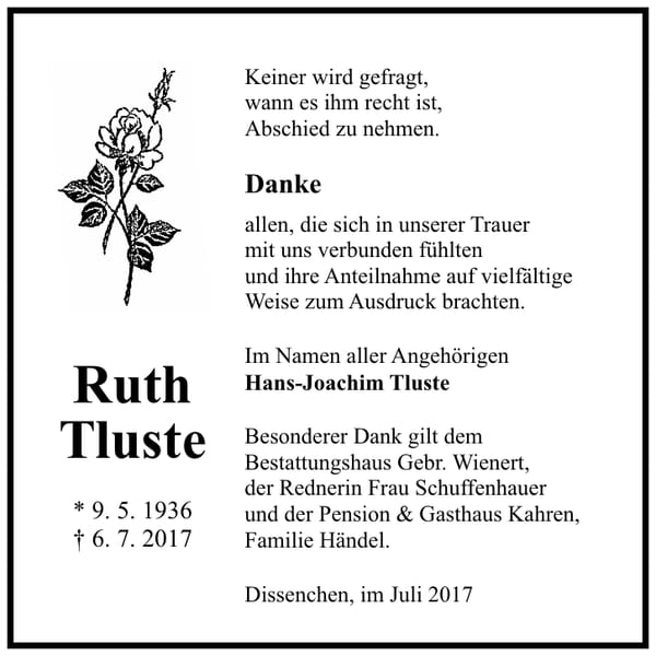 Danksagung Ruth Tluste