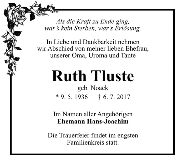 Traueranzeige Ruth Tluste, geb. Noack