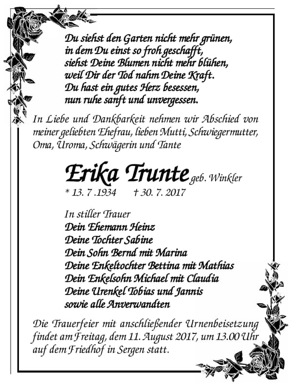 Traueranzeige Erika Trunte, geb. Winkler