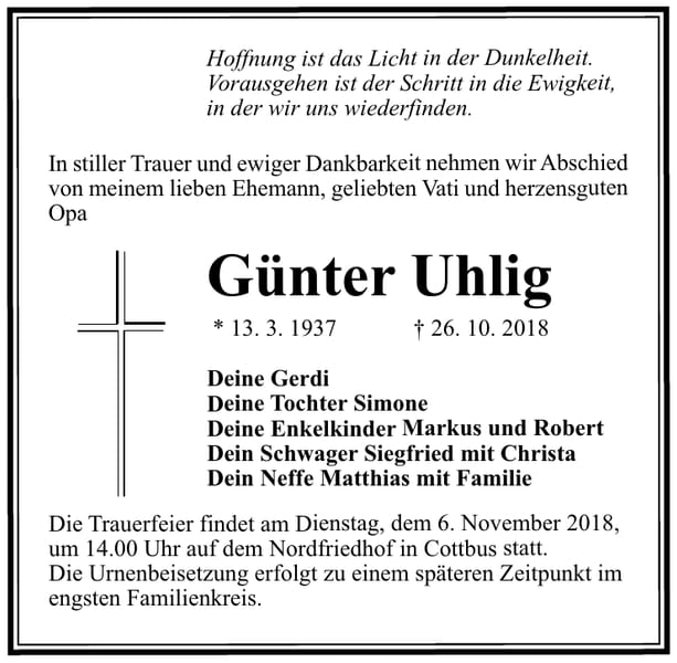 Traueranzeige Günter Uhlig