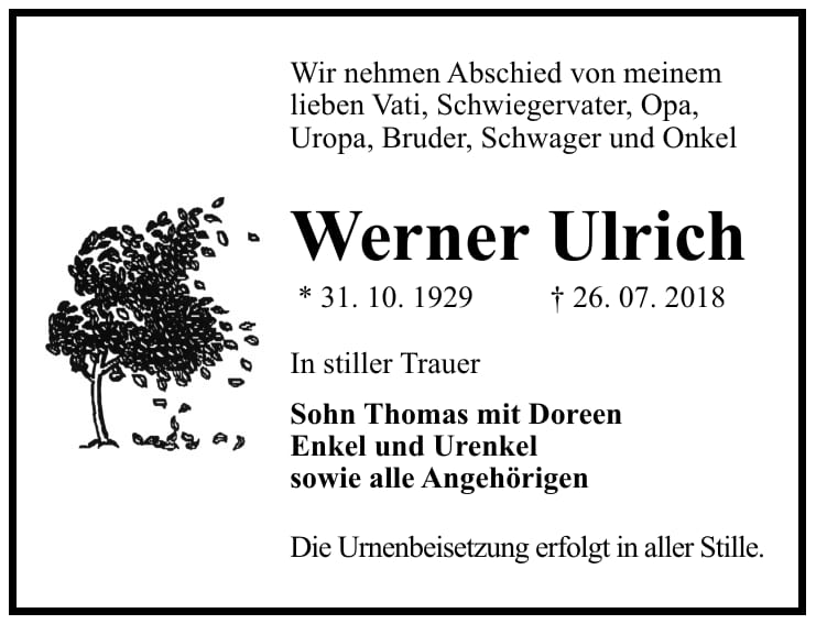 Traueranzeige Werner Ulrich