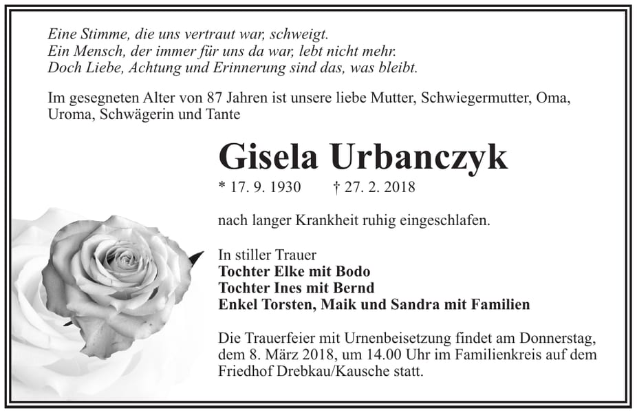 Traueranzeige Gisela Urbanczyk
