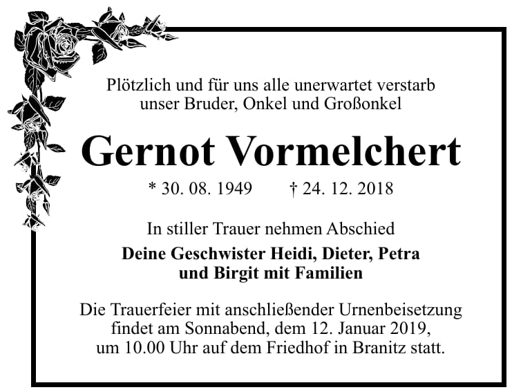 Traueranzeige Gernot Vormelchert
