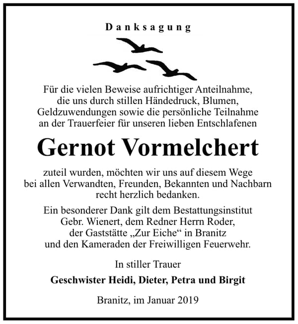 Traueranzeige Gernot Vormelchert
