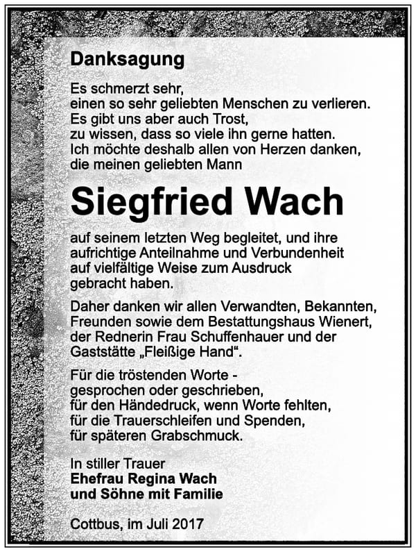 Danksagung Siegfried Wach
