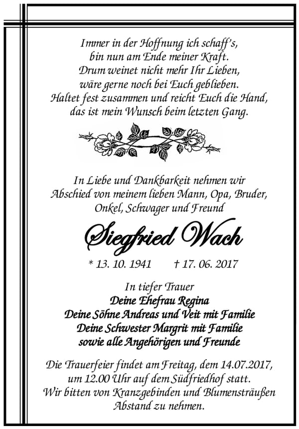 Traueranzeige Siegfried Wach
