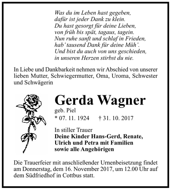 Traueranzeige Gerda Wagner, geb. Piel