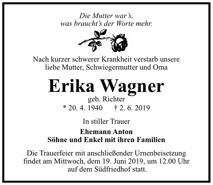 Traueranzeige Erika Wagner, geb. Richter