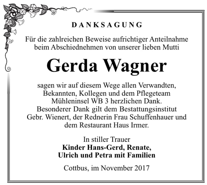 Danksagung Gerda Wagner