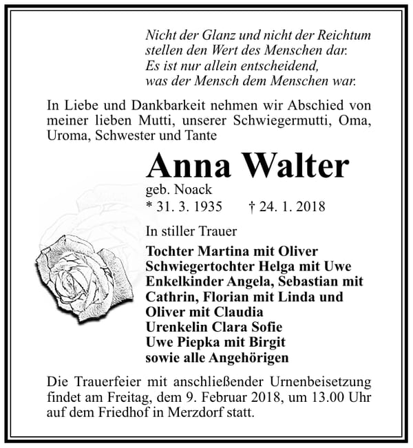 Traueranzeige Anna Walter, geb. Noack