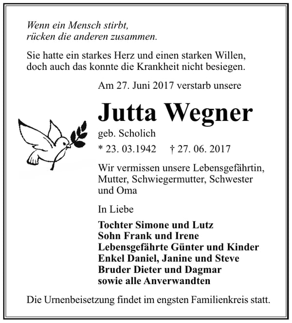 Traueranzeige Jutta Wegner, geb. Scholich