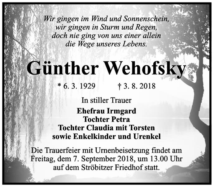 Traueranzeige Günther Wehofsky