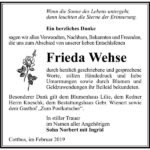 Traueranzeige Frieda Wehse
