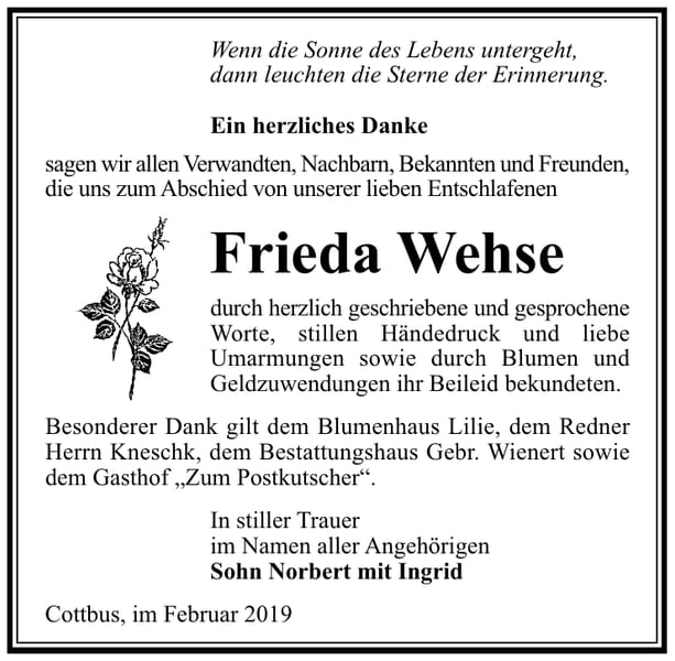 Traueranzeige Frieda Wehse