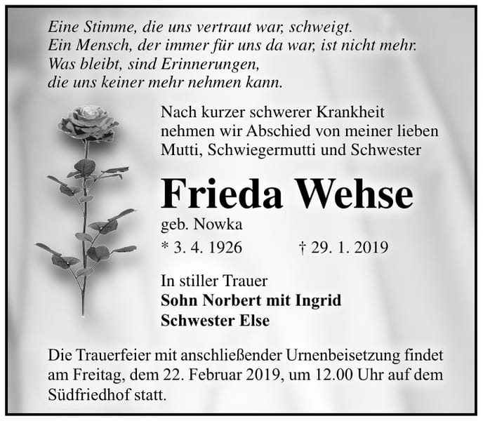 Traueranzeige Frieda Wehse, geb. Nowka