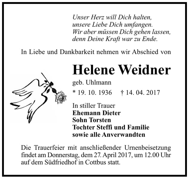 Traueranzeige Helene Weidner, geb. Uhlmann